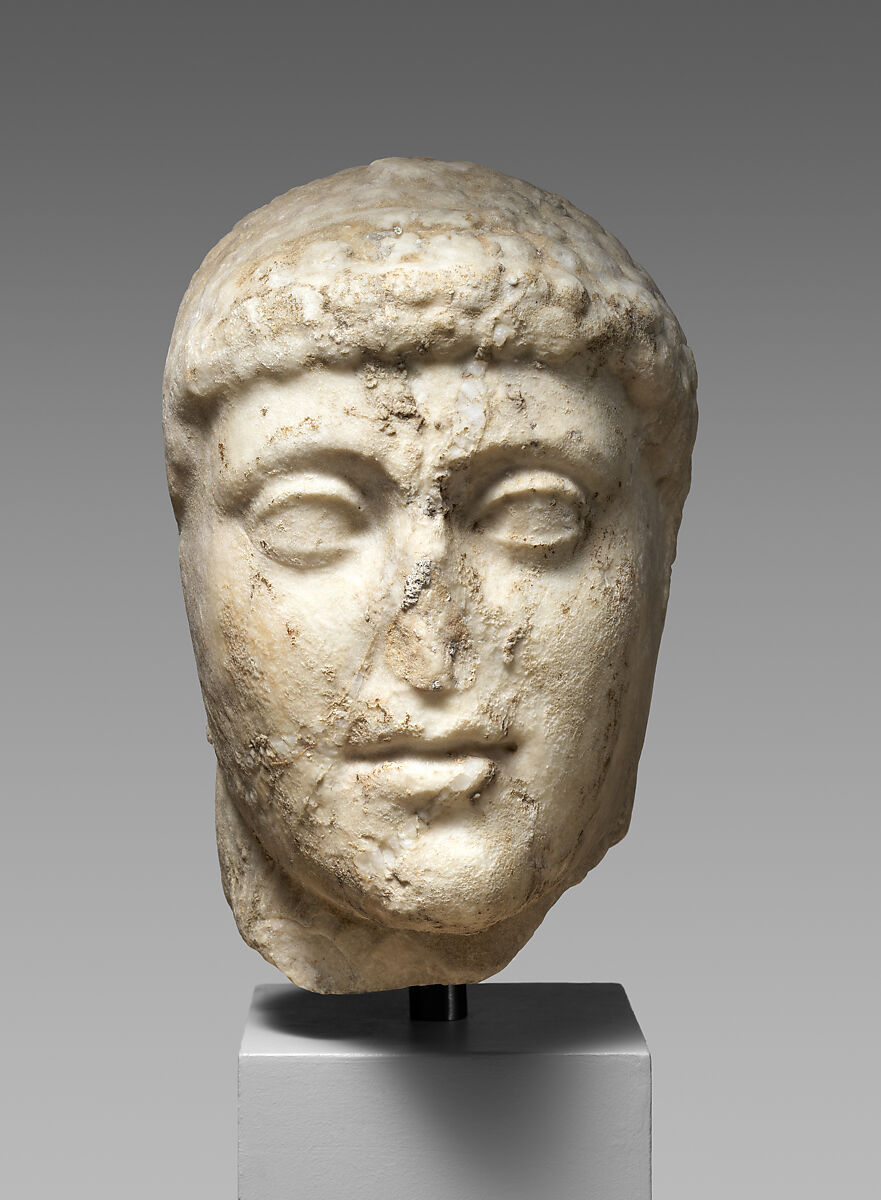 Marble head from a statue of Harmodios, Original attributed to Kritios and Nesiotes, Marble, Roman 