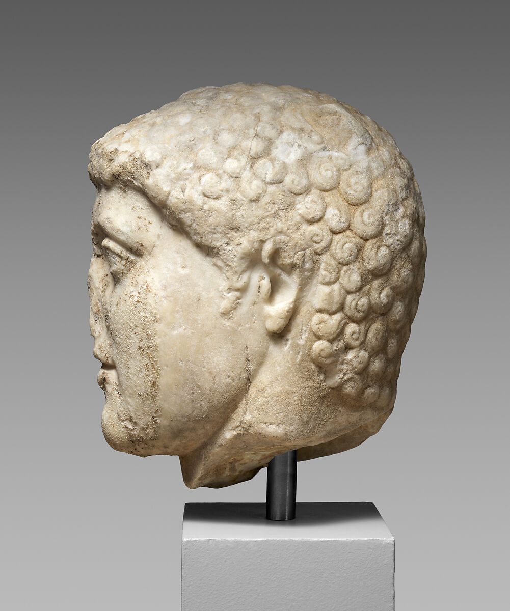 Marble head from a statue of Harmodios, Original attributed to Kritios and Nesiotes, Marble, Roman