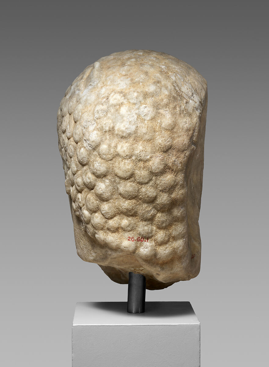 Marble head from a statue of Harmodios, Original attributed to Kritios and Nesiotes, Marble, Roman