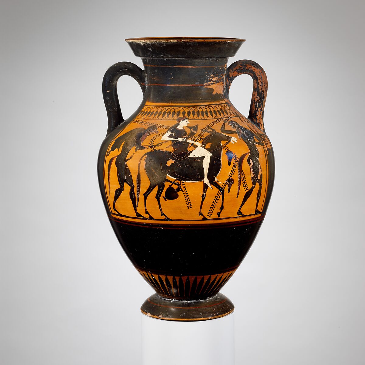 Terracotta amphora (jar), Attributed to the Acheloös Painter, Terracotta, Greek, Attic 