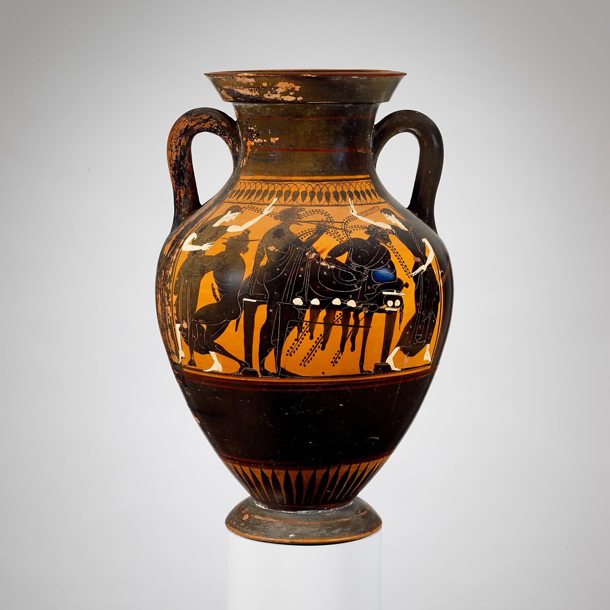 Terracotta amphora (jar), Attributed to the Acheloös Painter, Terracotta, Greek, Attic