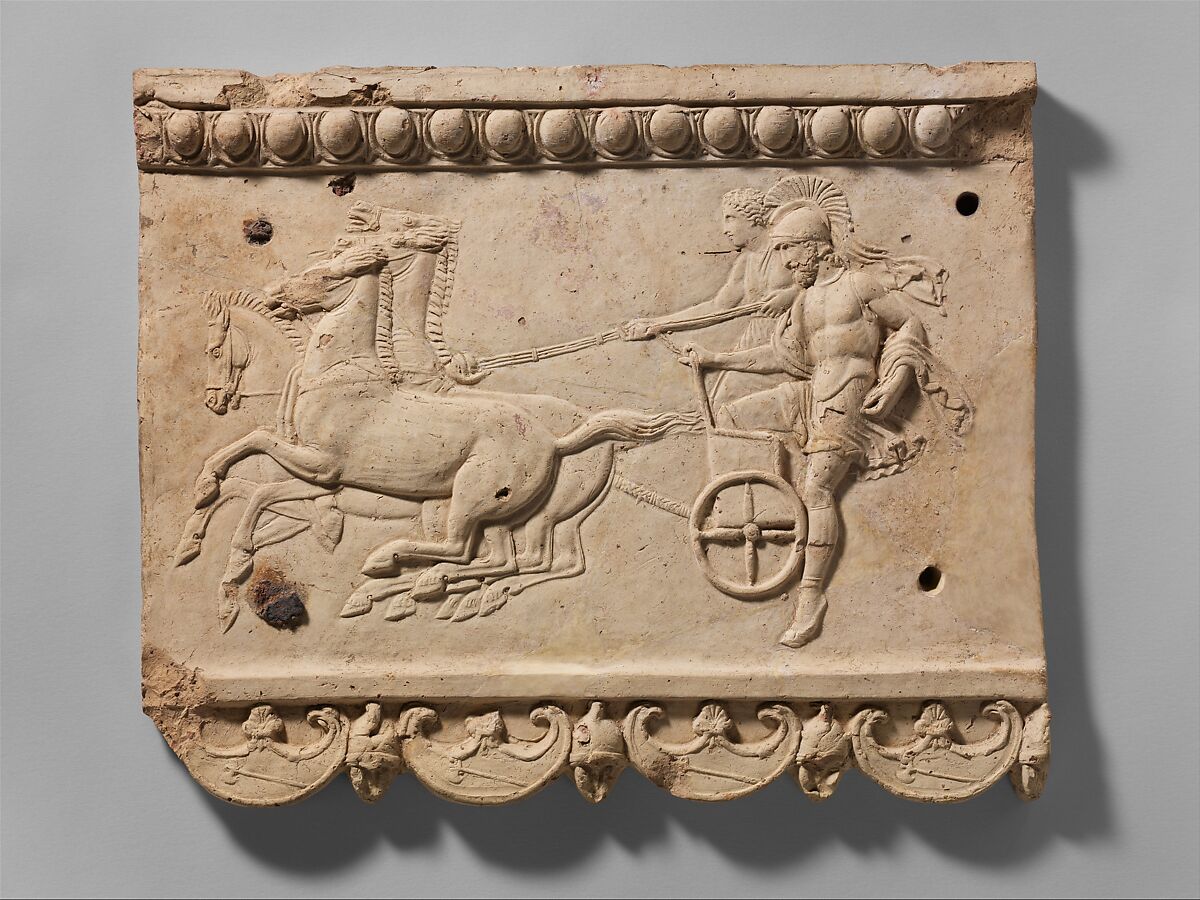 Terracotta plaque with King Oinomaos and his charioteer, Terracotta, Roman 