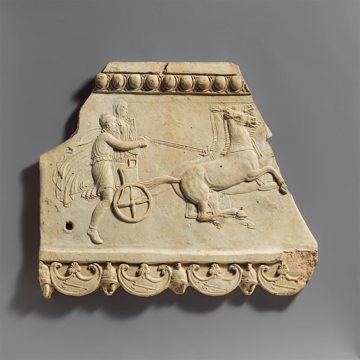 Terracotta plaque with Pelops and Hippodamia, Terracotta, Roman 