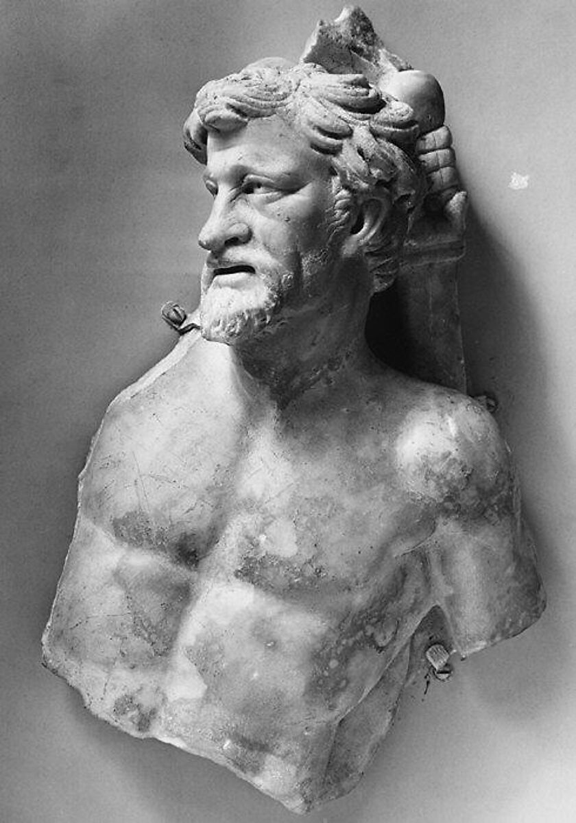 Marble sarcophagus fragment: head and torso of a Gaul, Marble-Luni, Roman 