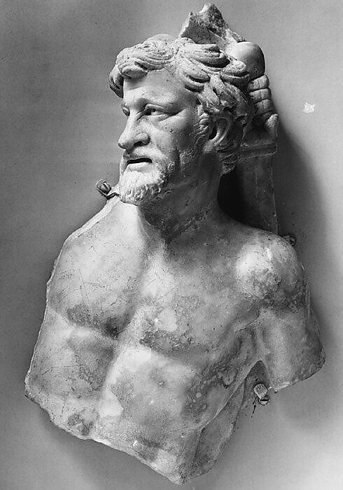 Marble sarcophagus fragment: head and torso of a Gaul, Marble-Luni, Roman