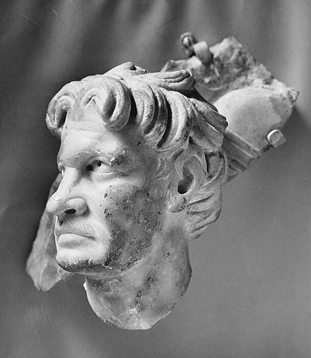 Marble sarcophagus fragment: head of a Gaul, Marble, Roman 