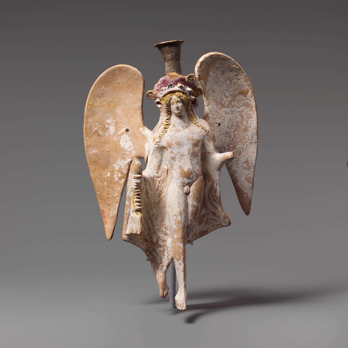 Terracotta lekythos in the form of a flying Eros, Terracotta, Greek, Attic 
