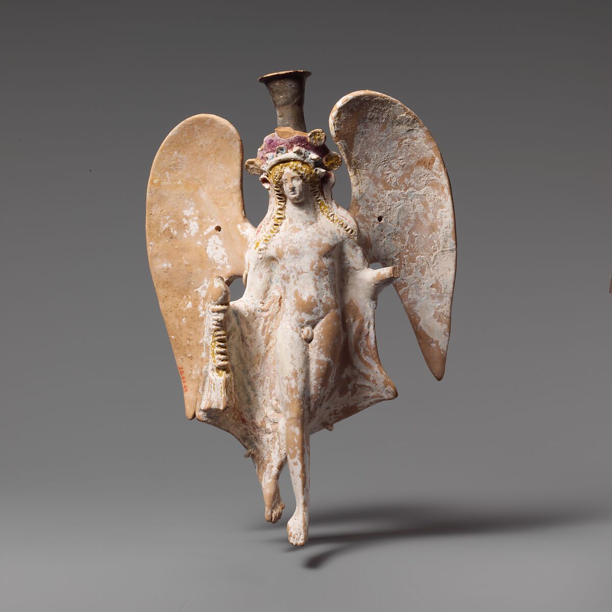 Terracotta lekythos in the form of a flying Eros, Terracotta, Greek, Attic