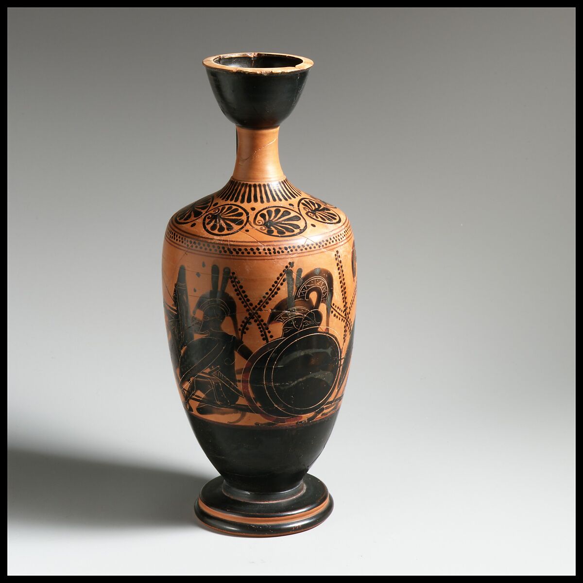 Terracotta lekythos (oil flask), Attributed to the Painter of Vatican G.49, Terracotta, Greek, Attic 