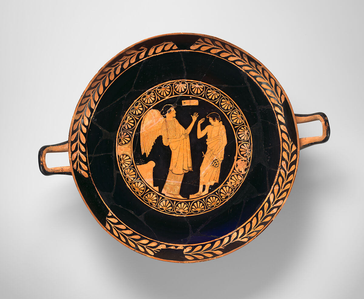 Terracotta kylix (drinking cup), Attributed to an artist near the Splanchnopt Painter, Terracotta, Greek, Attic 