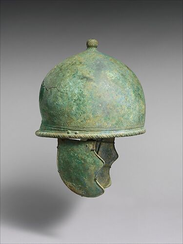Bronze jockey-type helmet with cheek-guards