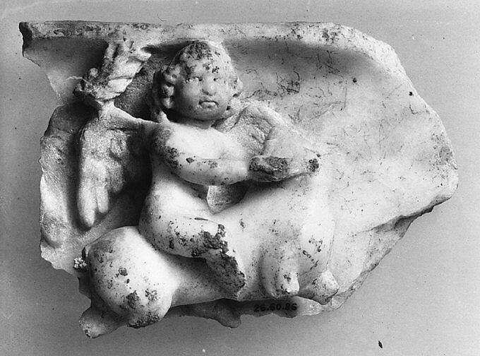 Marble sarcophagus fragment: Eros mounted on a horse, Marble, Roman 