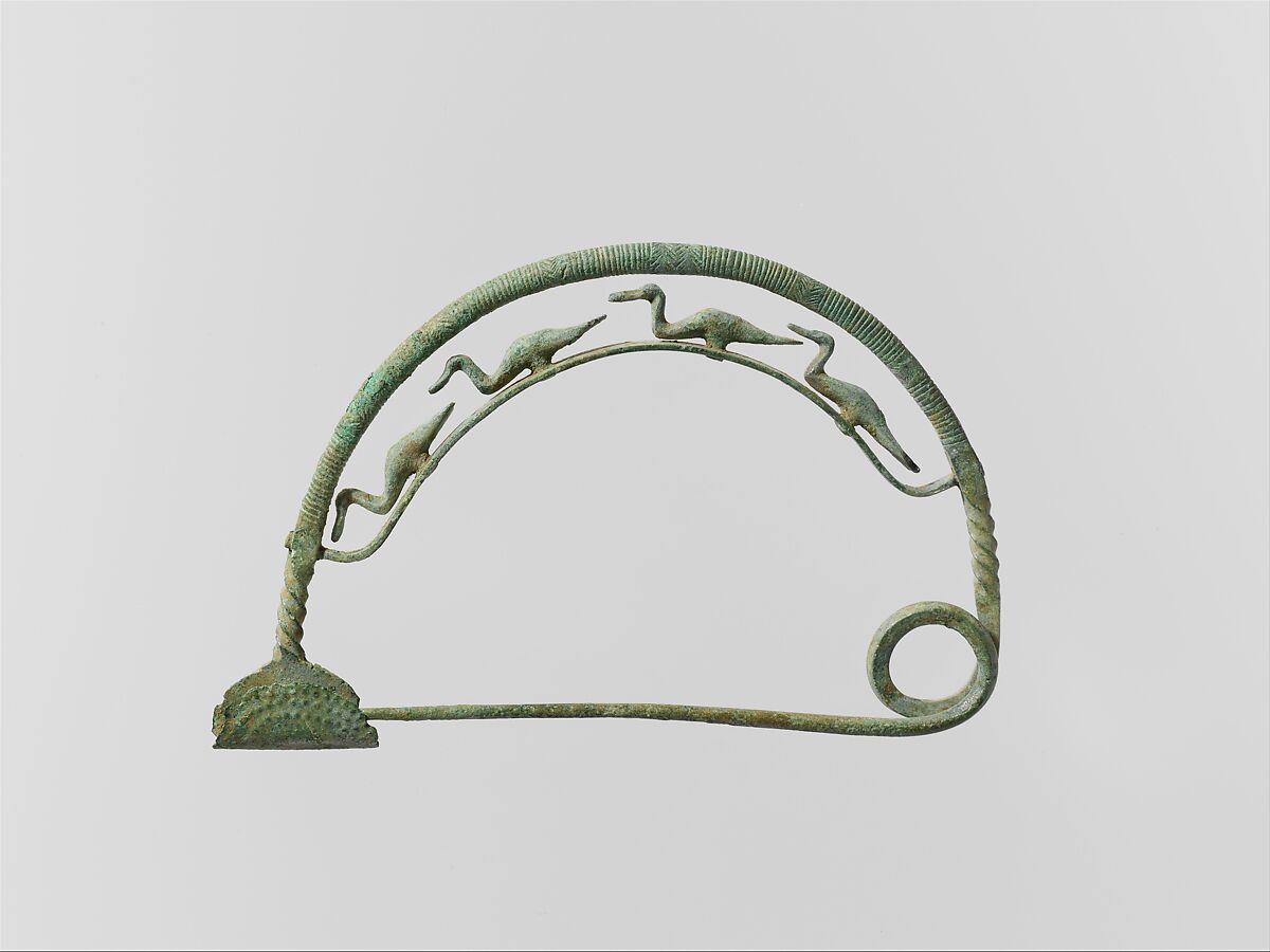 Bronze bow fibula (safety pin) with four ducks, Bronze, Villanovan 