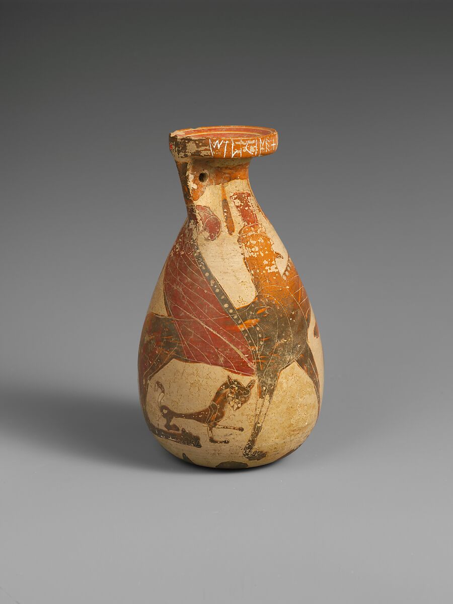 Terracotta inscribed alabastron (perfume vase), Terracotta, Etruscan, Etrusco-Corinthian 