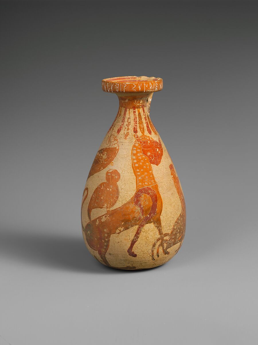 Terracotta inscribed alabastron (perfume vase), Terracotta, Etruscan, Etrusco-Corinthian