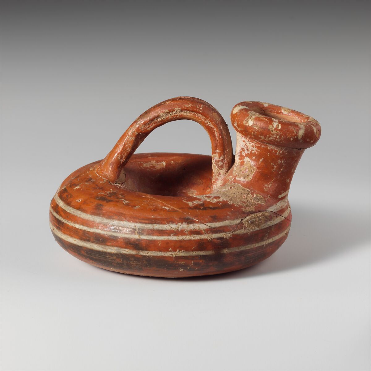 Terracotta ring askos (flask with a spout and handle over the top), Terracotta, Lydian 