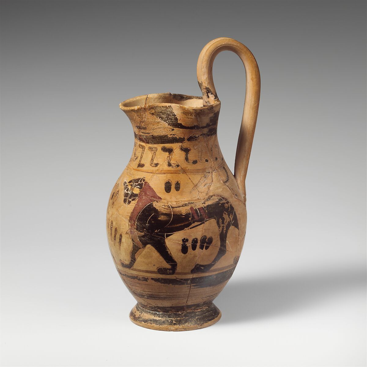 Terracotta oinochoe: olpe (jug), Related to the Group of the Early Olpai, Terracotta, Greek, Attic 