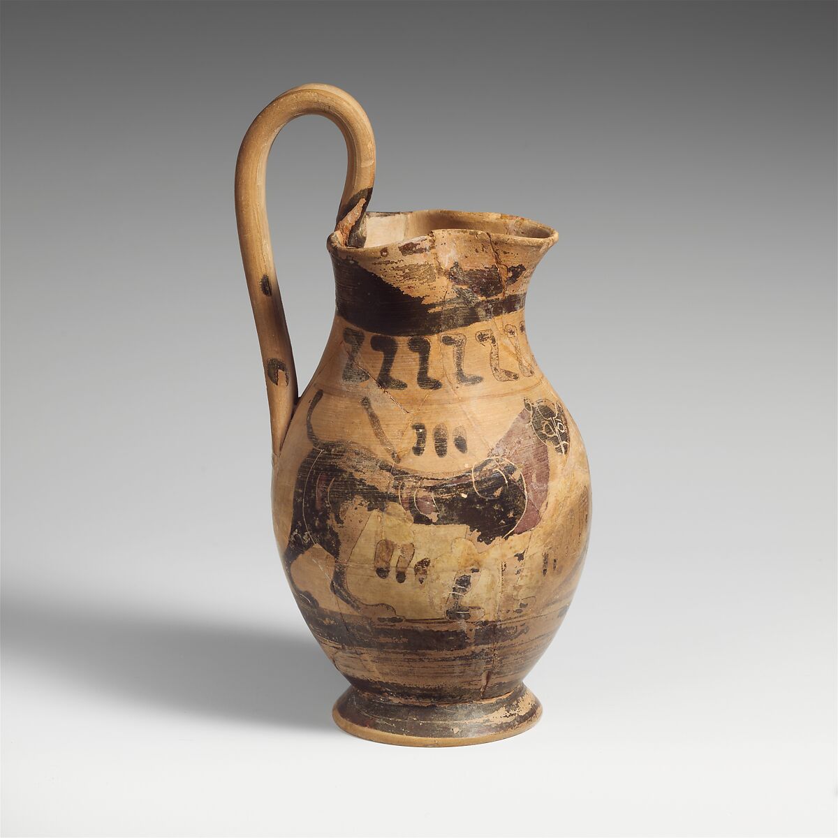 Terracotta oinochoe: olpe (jug), Related to the Group of the Early Olpai, Terracotta, Greek, Attic