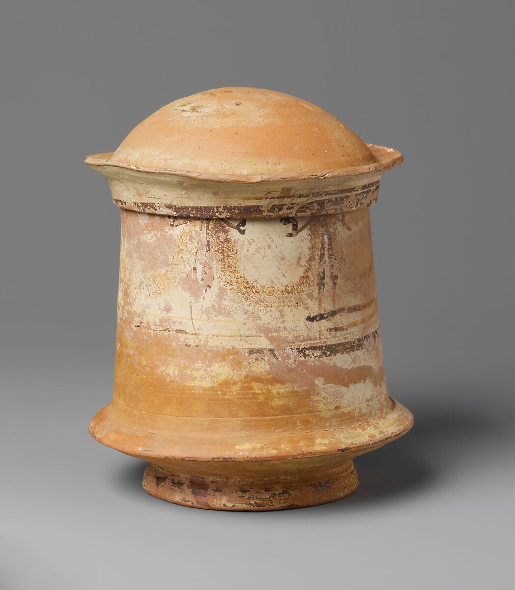 Terracotta pyxis (cosmetic box) with domed lid, Terracotta, Greek, Asia Minor 