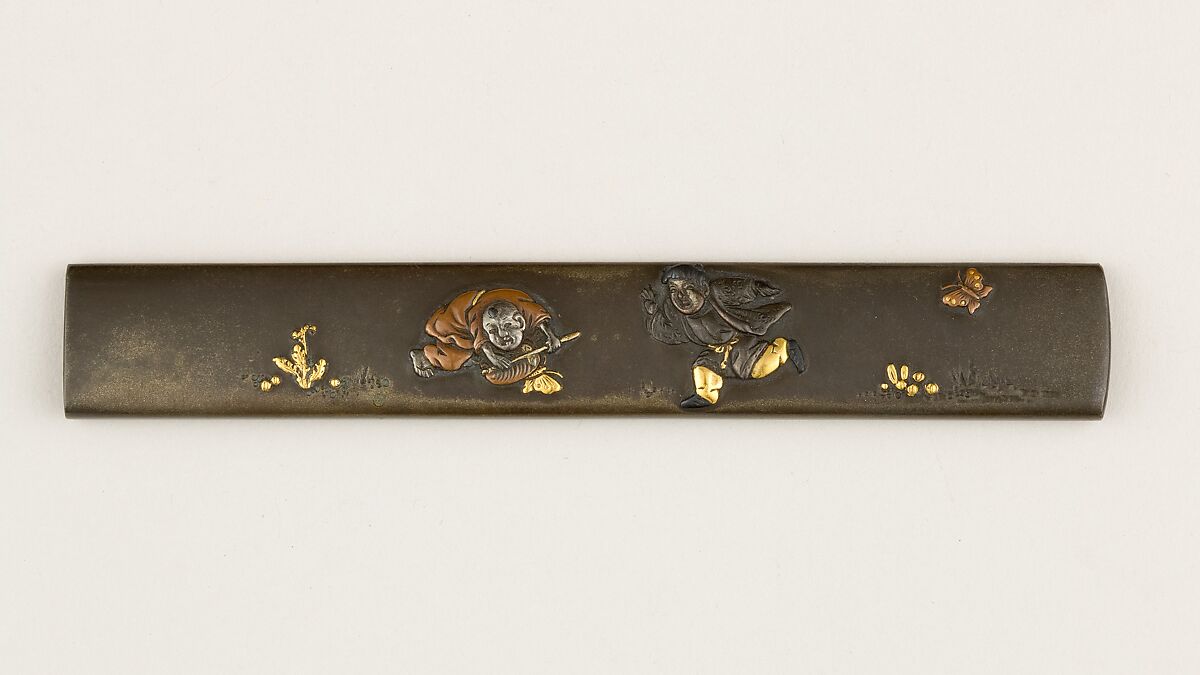 Knife Handle (Kozuka), Ichiyosai Hironao (Japanese, died ca. 1825–50), Copper-silver alloy (shibuichi), gold, copper, silver, copper-gold alloy (shakudō), Japanese 