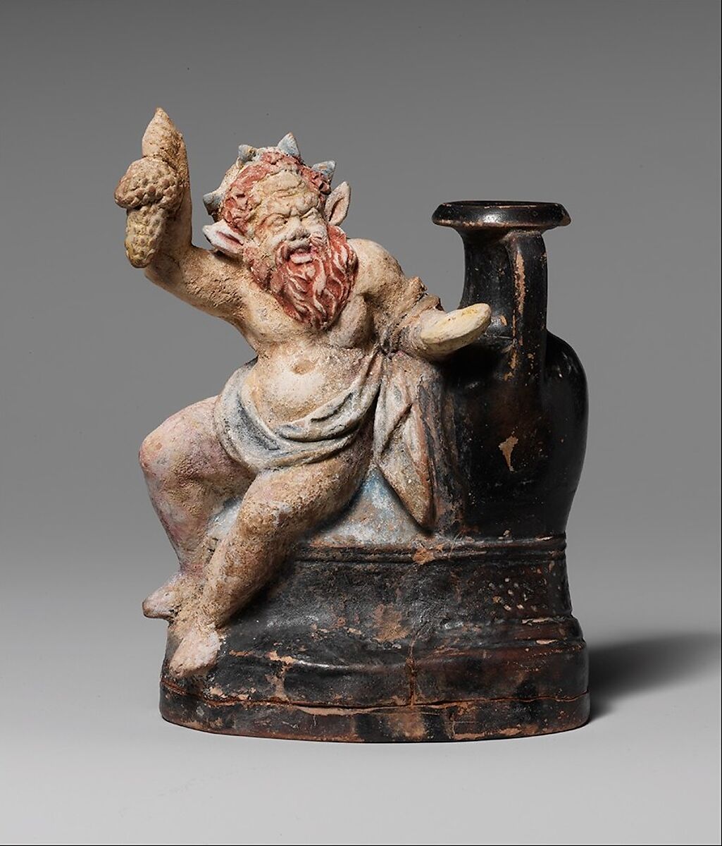 Terracotta vase in the form of a seated silen, Terracotta, Greek, Attic 