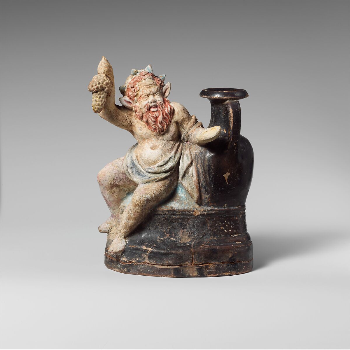 Terracotta vase in the form of a seated silen, Terracotta, Greek, Attic