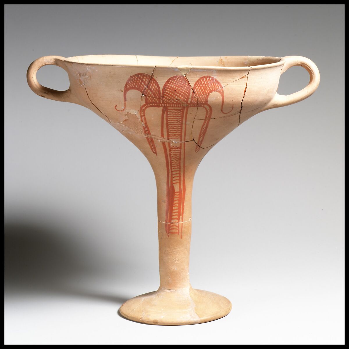 Terracotta kylix (drinking cup) with flower, Terracotta, Mycenaean 