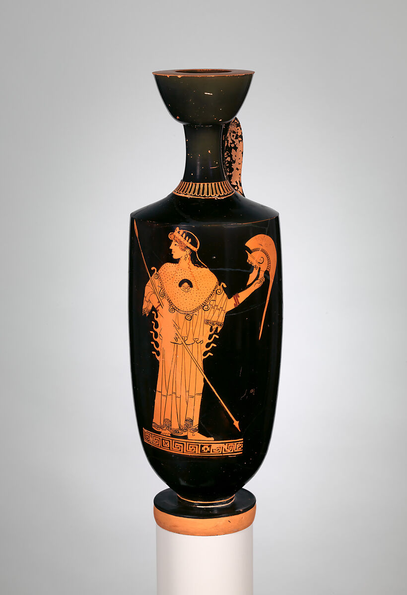 Terracotta lekythos (oil flask), Attributed to the Tithonos Painter, Terracotta, Greek, Attic 