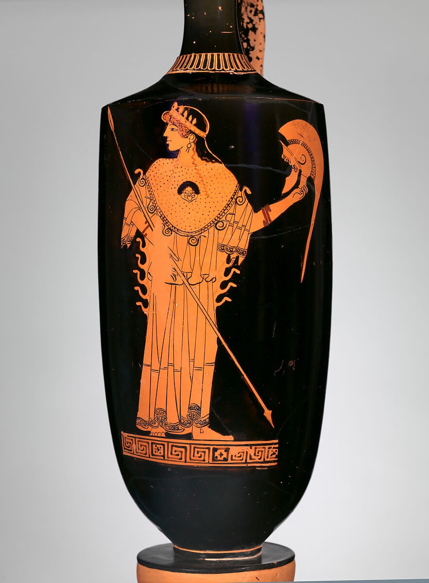 Terracotta lekythos (oil flask), Attributed to the Tithonos Painter, Terracotta, Greek, Attic 