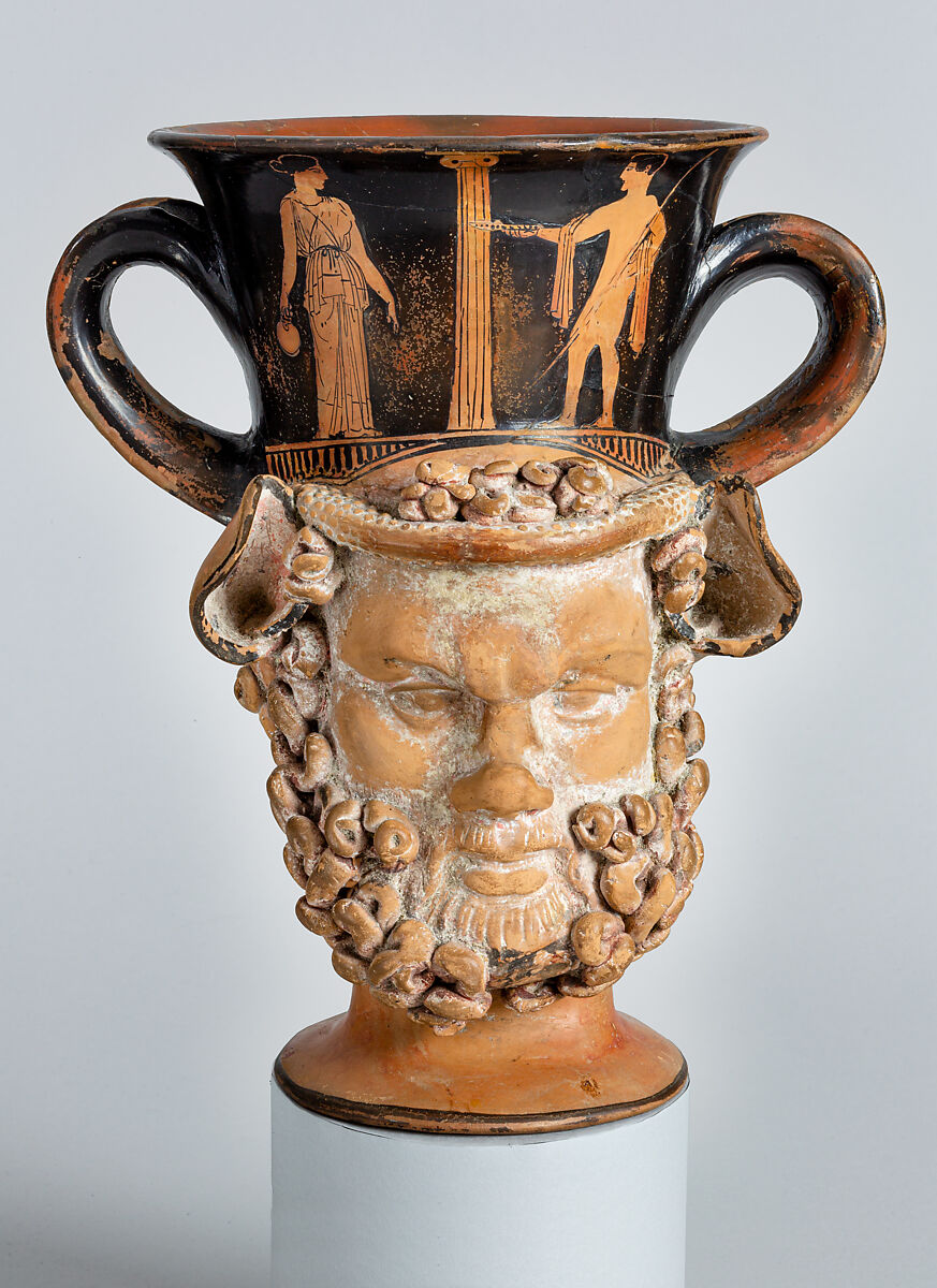 Terracotta kantharos (drinking cup with two vertical handles): heads of a satyr and a woman, Attributed to Aison, Terracotta, Greek, Attic 