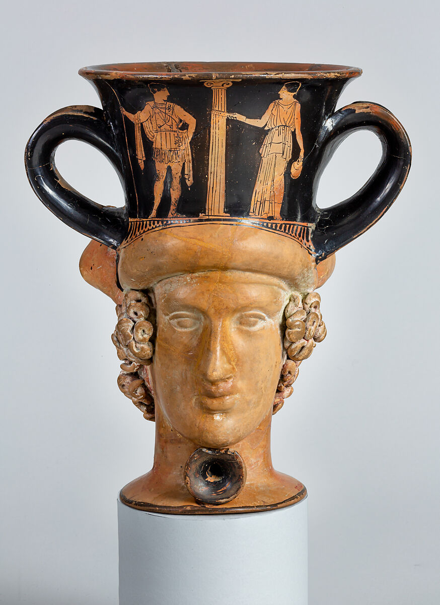 Terracotta kantharos (drinking cup with two vertical handles): heads of a satyr and a woman, Attributed to Aison, Terracotta, Greek, Attic