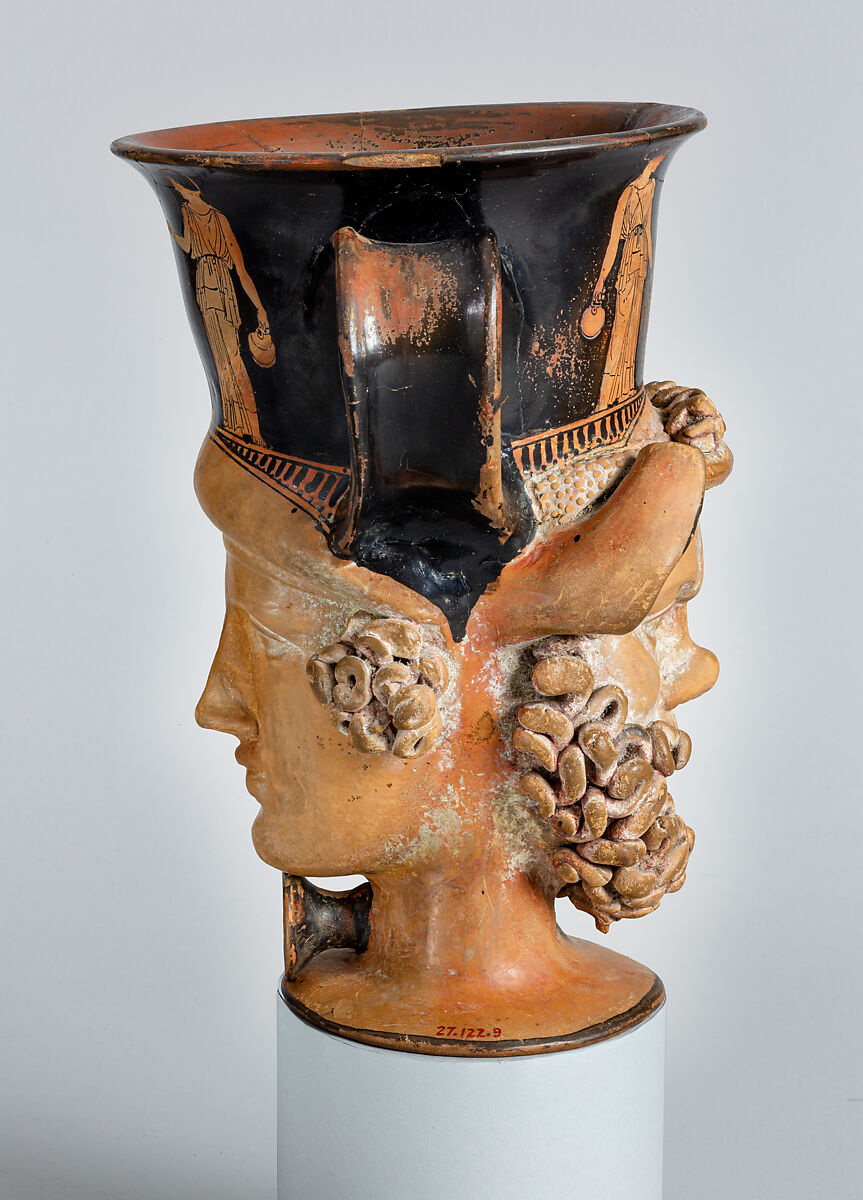 Terracotta kantharos (drinking cup with two vertical handles): heads of a satyr and a woman, Attributed to Aison, Terracotta, Greek, Attic