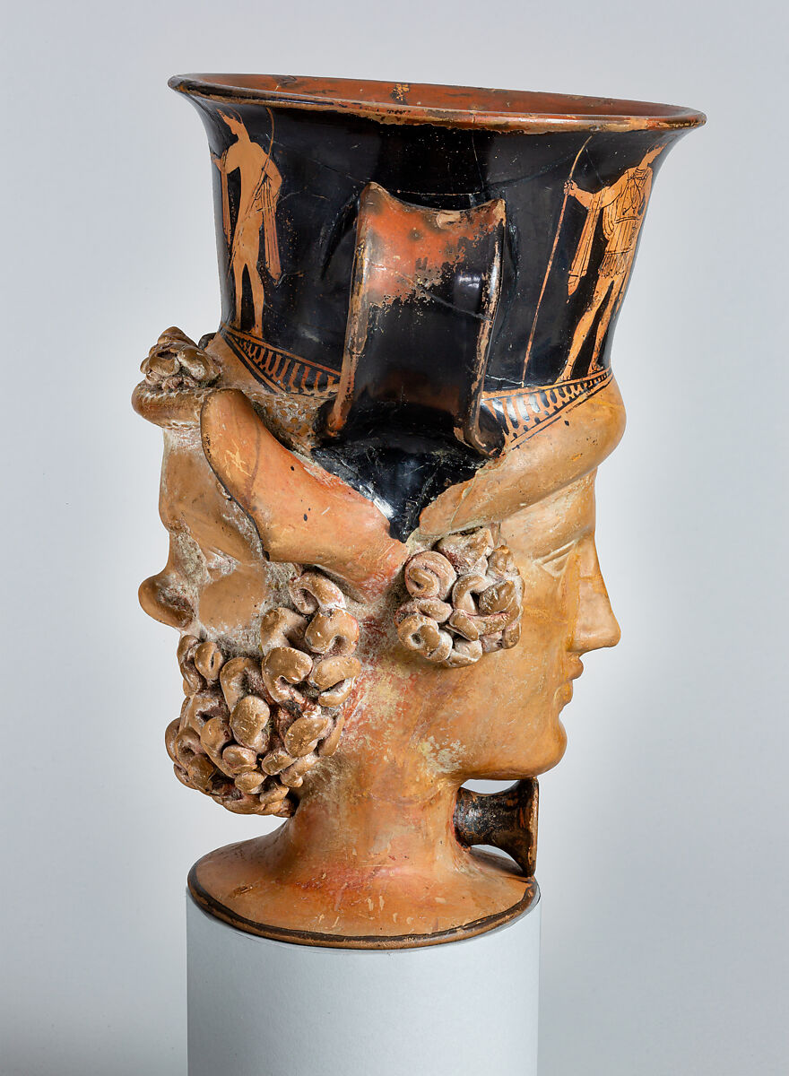 Terracotta kantharos (drinking cup with two vertical handles): heads of a satyr and a woman, Attributed to Aison, Terracotta, Greek, Attic