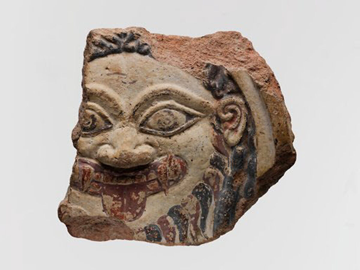 Terracotta antefix with the head of Medusa, Terracotta, paint, Etruscan 