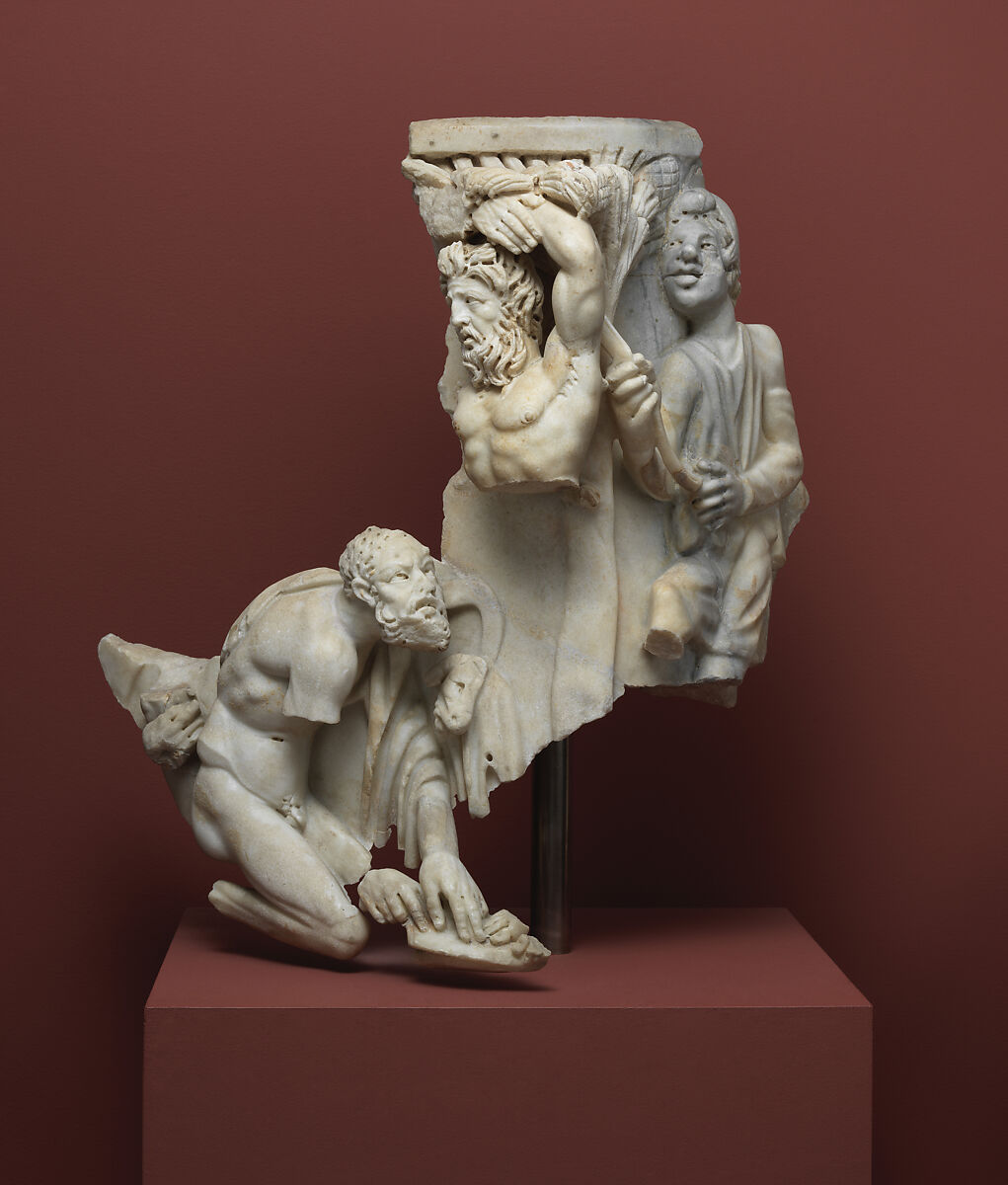Right corner of a sarcophagus with the myth of the musical contest between the satyr Marsyas and the god Apollo, Marble, Roman 