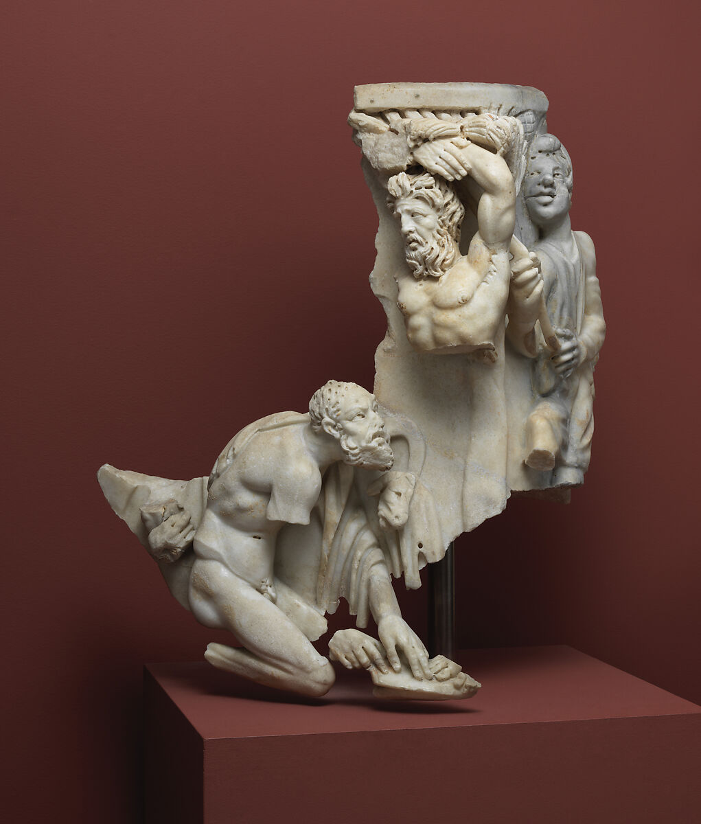 Right corner of a sarcophagus with the myth of the musical contest between the satyr Marsyas and the god Apollo, Marble, Roman