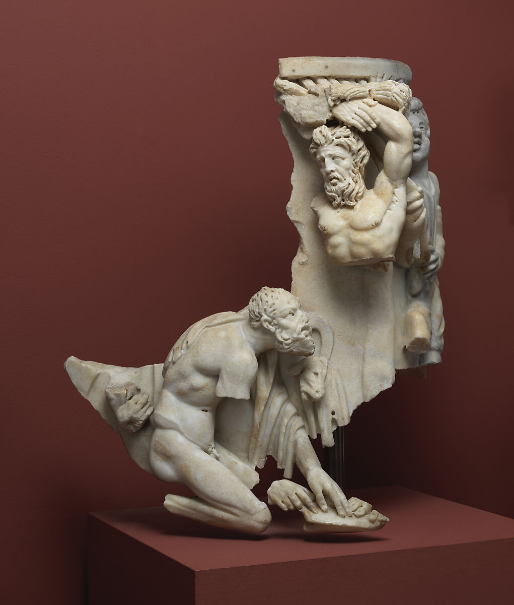 Right corner of a sarcophagus with the myth of the musical contest between the satyr Marsyas and the god Apollo, Marble, Roman
