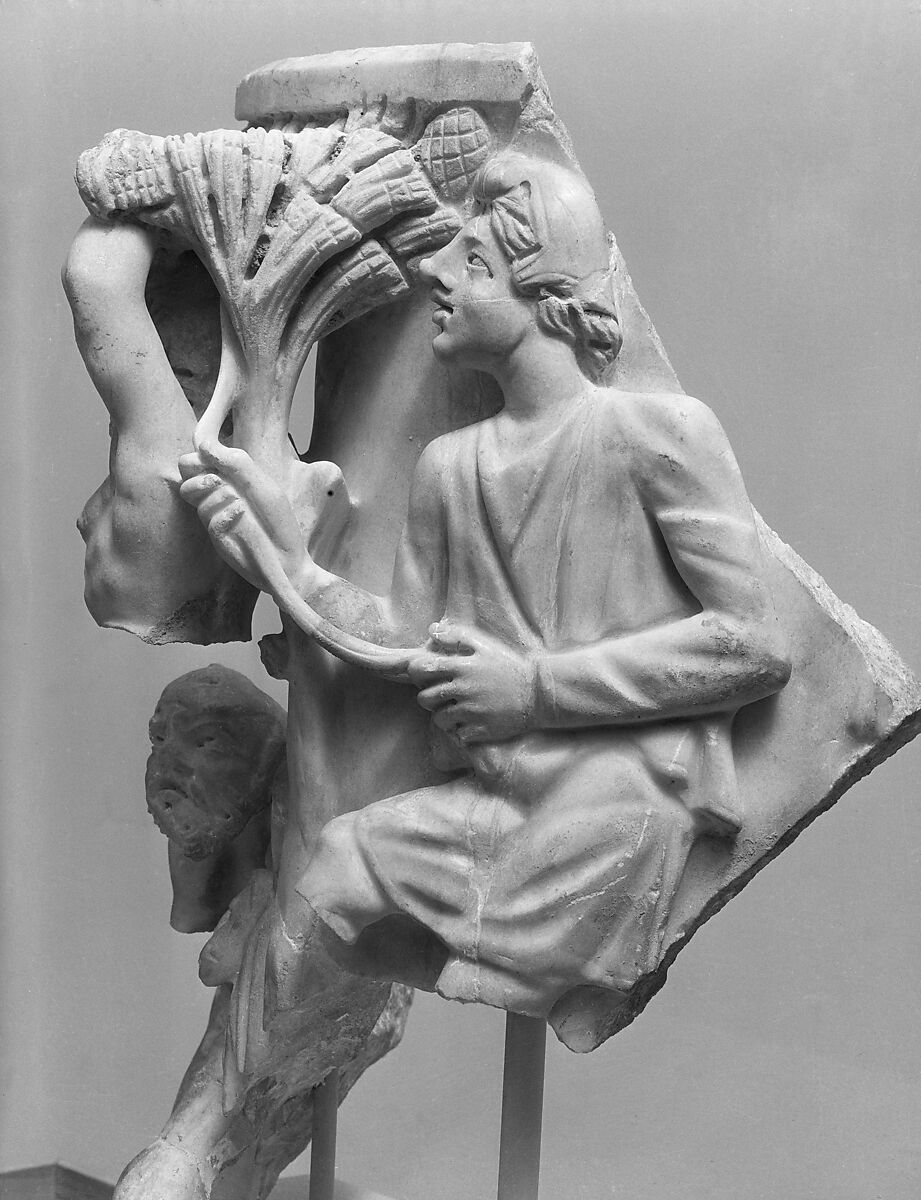 Right corner of a sarcophagus with the myth of the musical contest between the satyr Marsyas and the god Apollo, Marble, Roman