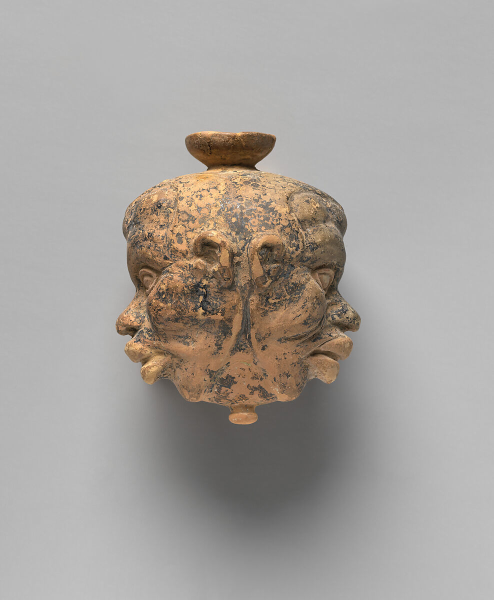 Terracotta aryballos (oil flask) in the form of two Black African heads, Terracotta, Greek, Attic