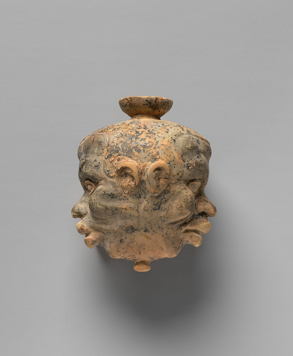 Terracotta aryballos (oil flask) in the form of two Black African heads, Terracotta, Greek, Attic