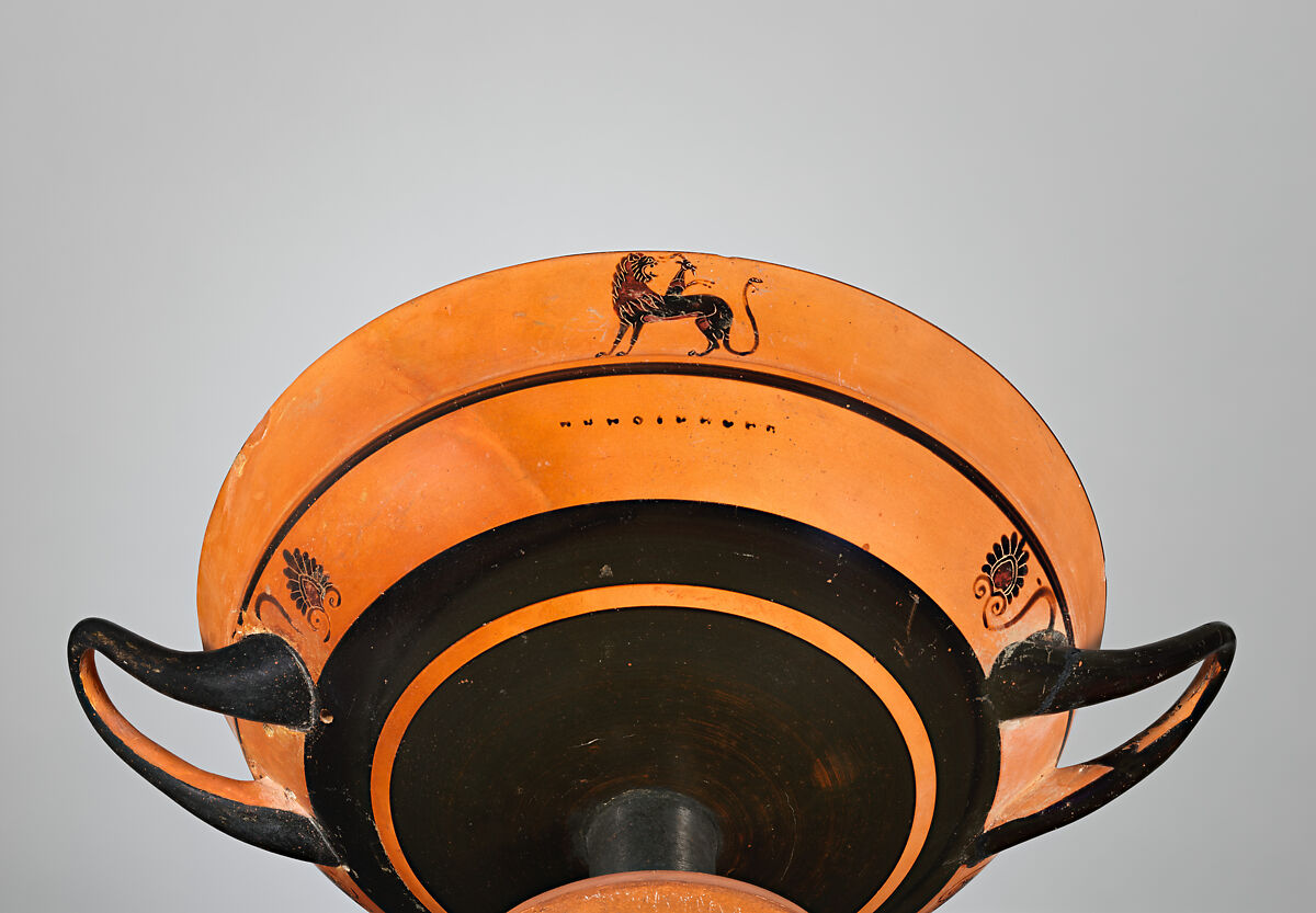 Terracotta kylix: lip-cup (drinking cup), Terracotta, Greek, Attic