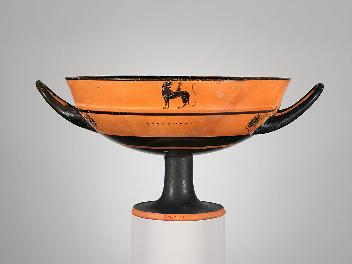 Terracotta kylix: lip-cup (drinking cup), Terracotta, Greek, Attic