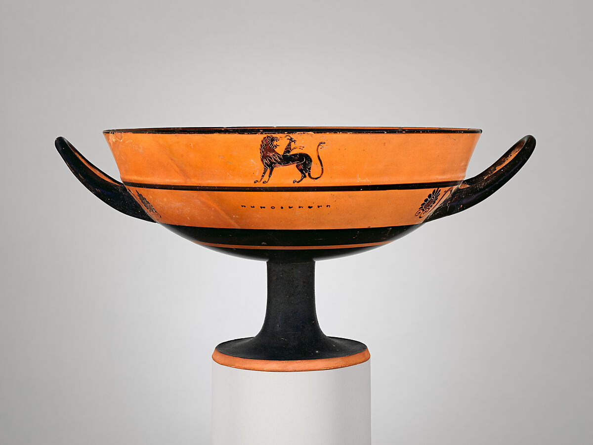 Terracotta kylix: lip-cup (drinking cup), Terracotta, Greek, Attic 