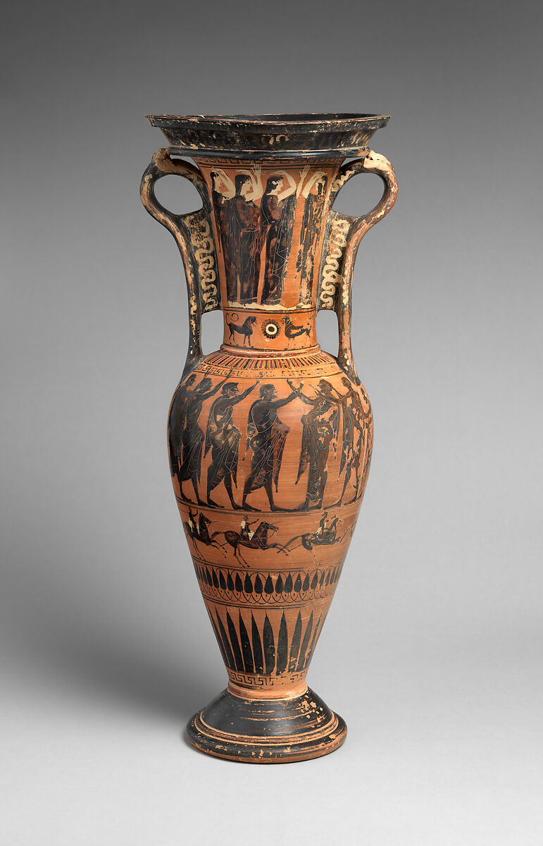Terracotta loutrophoros (ceremonial vase for water), Terracotta, Greek, Attic