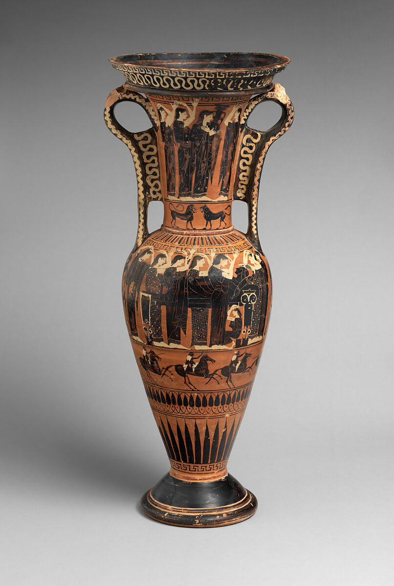 Terracotta loutrophoros (ceremonial vase for water), Terracotta, Greek, Attic 