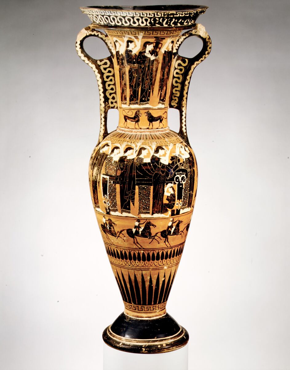 Terracotta loutrophoros (ceremonial vase for water), Terracotta, Greek, Attic