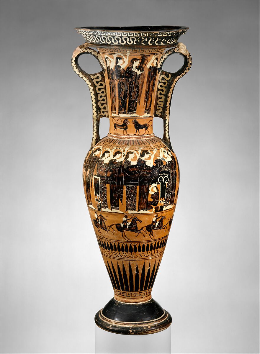 Terracotta loutrophoros (ceremonial vase for water), Terracotta, Greek, Attic 