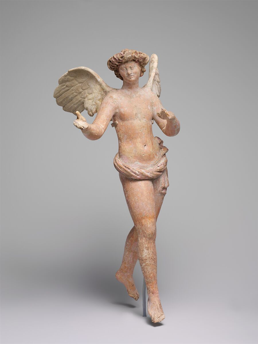 Terracotta statuette of Eros flying, Terracotta, Greek, Asia Minor, Myrina 