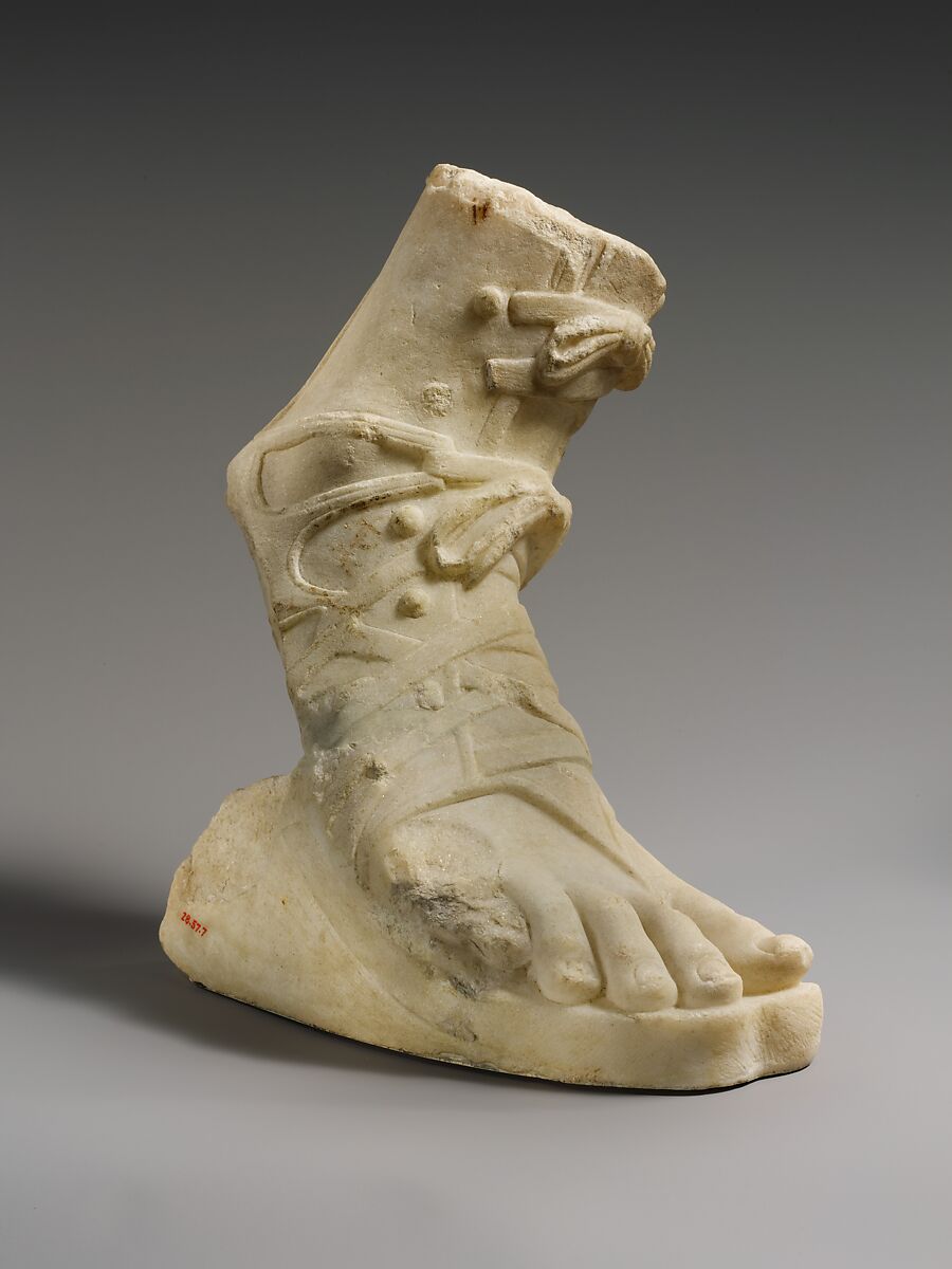 Marble right foot wearing a sandal, Marble, Roman 