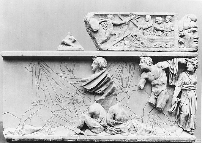 Fragmentary marble sarcophagus with scenes from the Oresteia, Marble-Luni, Roman